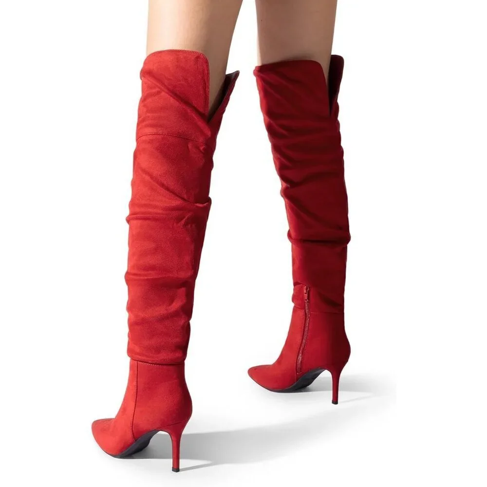 Women's Red-suede Faux Leather Over The Knee Boots Thigh High Pointed Toe Boot